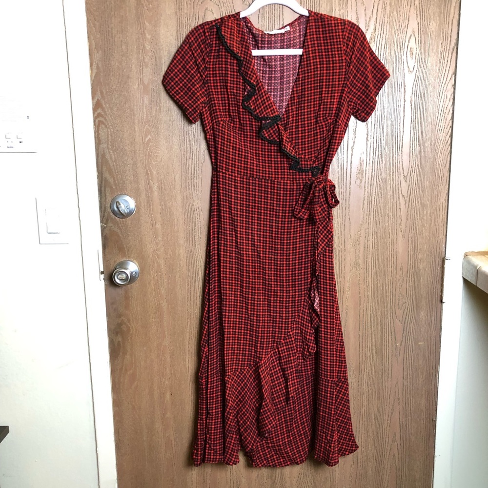 Lush red plaid ruffle trim wrap midi dress
